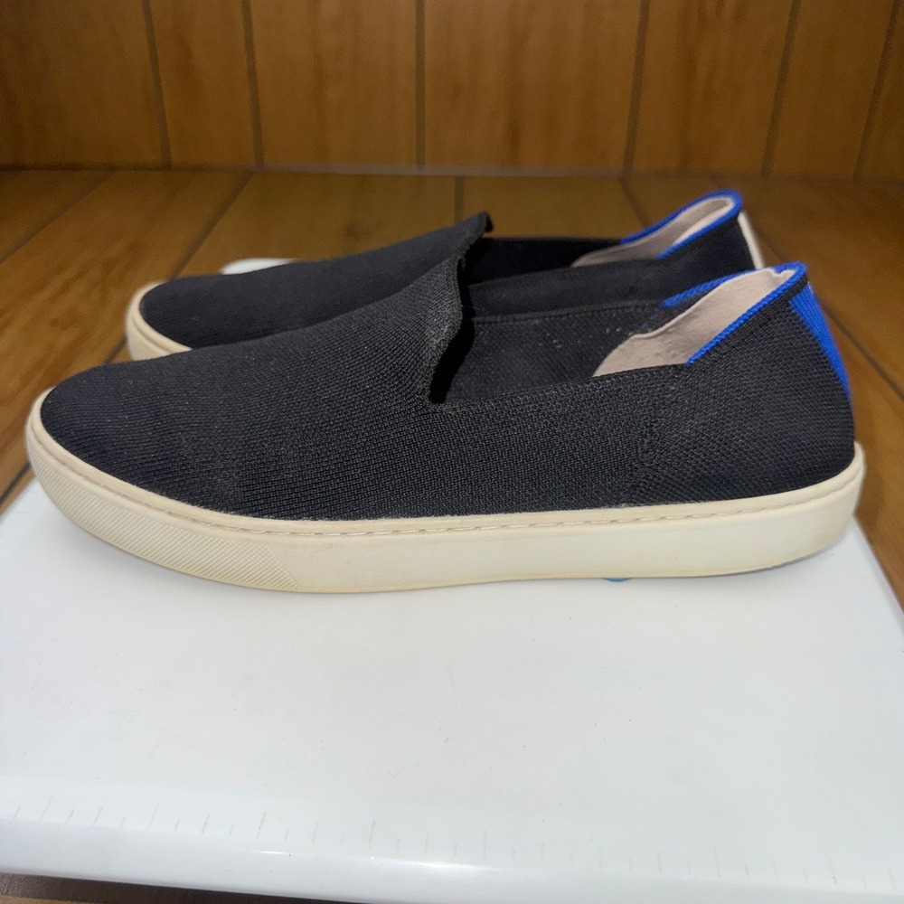 Rothys The Sneaker Black Slip On Knit Shoes Blue Stripe Heel Womens 9